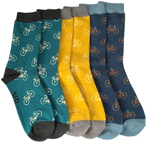 Mens Socks Bikes Bicycle 3 Pair Multi Pack Navy Blue Yellow Teal Bamboo Cotton - Picture 1 of 4
