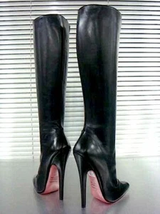 Mori Made IN Italy High Heel Knee Boots Stiefel Bottes Leather Black Noir 37-45 - Imagen 1 de 3