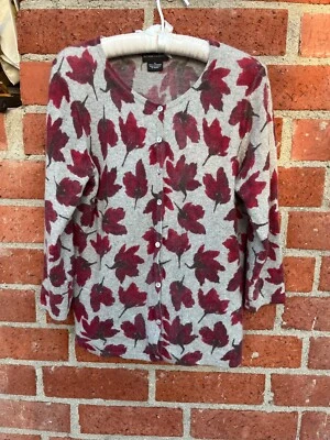 Sutton Cashmere Cardigan, Red Leaves on Grey, Size XL - Image 1 of 4
