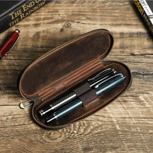 Luxury Genuine Leather 2 Slots Fountain Pen Case Zipper Pencil Storage Box Pouch - Picture 1 of 10