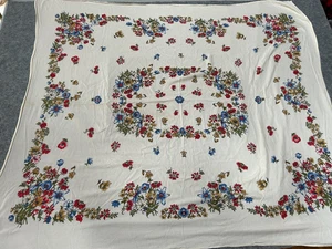 Vintage Floral Tablecloth 54x48 Cream Red Blue Cottagecore Shabby Chic 60s 70s - Picture 1 of 9