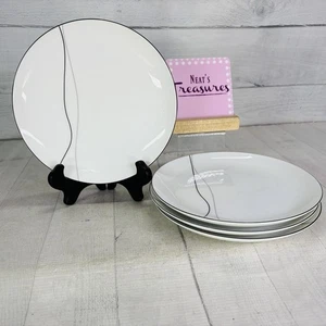 Mikasa THREADS LAL03 Long Gray Black Lines White Porcelain Salad Plate Set 4 NEW - Picture 1 of 17