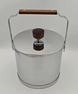 Retro Kromex Ice Bucket - MCM Chrome & Wood w/ Plastic Insulation + Tongs - Nice - Picture 1 of 8