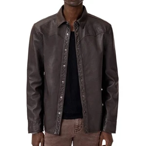 John Varvatos Men's Samuel Western Pearl Snap Leather Shirt Jacket Earth Brown - Picture 1 of 8