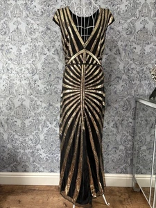 Ladies Stunning Art Deco Black/Gold Gatsby Evening Sequin Party Dress (UK 14/16) - Picture 1 of 11