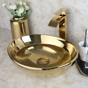 Golden CEramic Bathroom Vessel Sink Basin Bowl Waterfall Mixer Faucet Combo Set - Picture 1 of 9