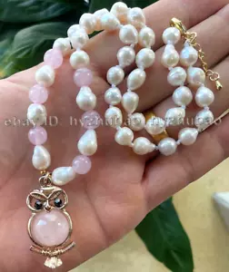 Collar Colgante Búho Natural 8-10mm Blanco Barroco Perla y Cristal Rosa Gemas 18" - Imagen 1 de 8