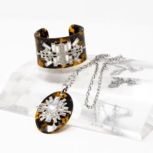 2pc Set Lia Sophia Faux Tortoise Shell Crystal Statement Necklace Cuff Bracelet - Picture 1 of 17