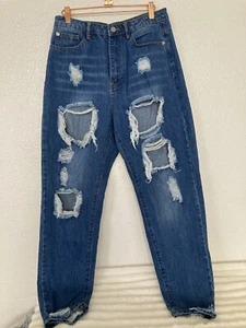 Riot High Rise Mom Jeans Size 8 Destroyed, Medium Blue Wash - Picture 1 of 11