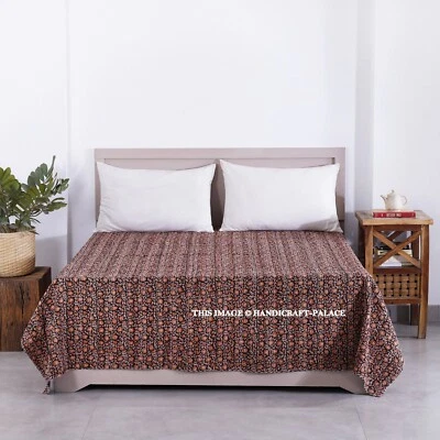 Indisch Hand Block Bedruckt Kantha Decke King Size Bettbezug Tagesdecke Schwarz - Bild 1 von 4
