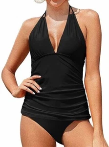 Traje de baño y parte inferior de bikini Yonique Halter 2 piezas negro grande para mujer - Imagen 1 de 6