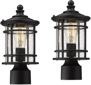 New Outdoor Post Lights 2PCS Modern Farmhouse 12.5" Seeded Glass Black Post Lamp - Picture 1 of 6