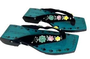 Eclectic Teal Black Velvet Strap Flower Embellished Wooden Clog Sandals Size 9 - Picture 1 of 7