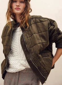 $198 NWT FREE PEOPLE SzS DOLMAN SLEEVE QUILTED KNIT ZIP JACKET DUSTED MILITARY - Picture 1 of 12