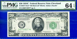 1934C $20 Federal Reserve Note PMG 64EPQ 3rd finest Cleveland star Fr 2057-Dob* - Picture 1 of 3