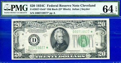 1934C $20 Federal Reserve Note PMG 64EPQ 3rd finest Cleveland star Fr 2057-Dob* - Image 1 of 3