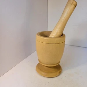Wooden Mortar And Pestle Handmade Blond New 4.75" Vintage Kitchen Collectable - Picture 1 of 7