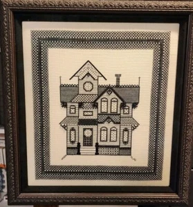 Framed Bead Cross Stitch Completed 17x19: Black & White Victorian House - Picture 1 of 24
