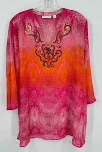 Susan Graver Blouse XL Semi Sheer Embellished Resort Beach Boho Sheer Sequin - Picture 1 of 10