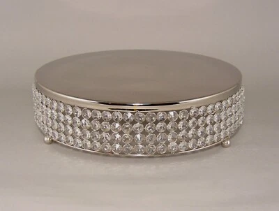 Plato con soporte para pasteles de metal 4 filas de cuentas de cristal transparente plateado 14" de diámetro x 4" de alto  Foto 1 de 4