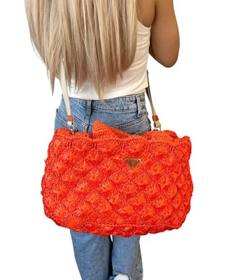 PRADA винтажный треугольник логотип Raffia сумка с короткими ручками через плечо 2way оранжевый кнопка - Изображение 1 из 4