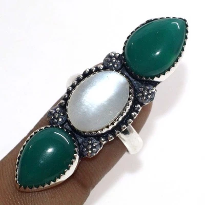 令人惊叹的珍珠母绿玛瑙 925 镀银长戒指 美国 7 JW — 第 1/3 张图片