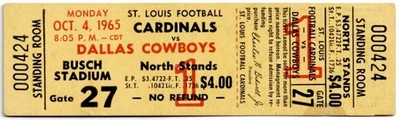 1965 ST. LOUIS CARDINALS vs DALLAS COWBOYS full ticket 10/4/65 small stain - Image 1 of 2