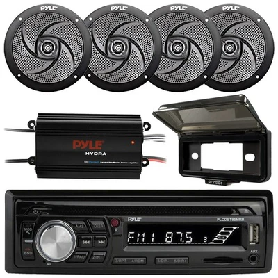 Pyle Marine Bluetooth MP3 USB Receiver, 4CH Amplifier, Cover, 4x 5.25" Speakers - Image 1 of 4