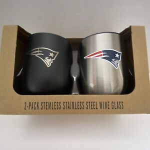 (2) NEW ENGLAND PATRIOTS STEMLESS STAINLESS STEEL WINE GLASSES W/COVERS NWT NICE