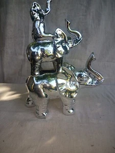 Trunks Up Silver Three Stacked Elephants 14" x 9” Ceramic Home Decor Vented - Picture 1 of 5