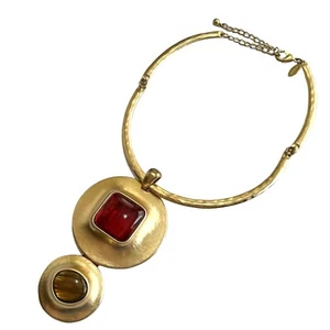 Chico's Matte Gold Tone Statement Necklace Red & Brown Stones - Picture 1 of 6