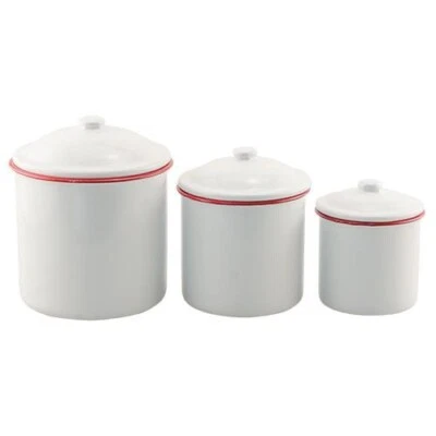 New Primitive RED WHITE ENAMELWARE CANISTERS Cottage 3 pc Farmhouse Cottage - Image 1 of 2