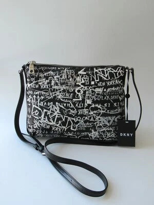 Bandolera/bolso de hombro DKNY Graffiti Erin negro blanco plateado nuevo con etiquetas $178 Foto 1 de 4
