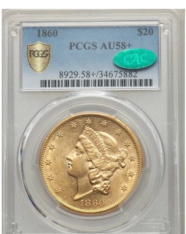1860 Liberty Head Gold Double Eagle, $20, PCGS AU58+ CAC, High Quality, Lustrous Cover