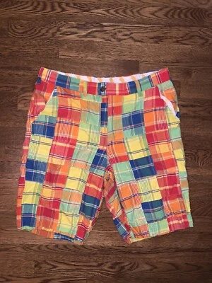 Loudmouth Men’s Rainbow Madras Patch Geometric Golf Shorts So 32x10.75” - Image 1 of 3