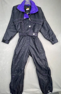 Traje de esquí de nieve vintage REI Elements de una pieza para mujer talla 10P negro cuello azul Foto 1 de 4