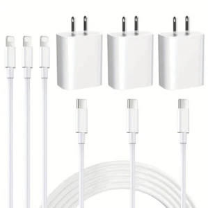NEW 3-PACK Fast Power USB-C to 8 pin Cable 6ft & Power Adapter Wall Charger Kit - Picture 1 of 8