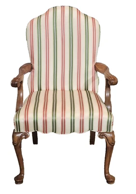 Southwood Queen Anne Style Mahogany Open Arm Chair Williamsburg Style Silk  - Image 1 of 4