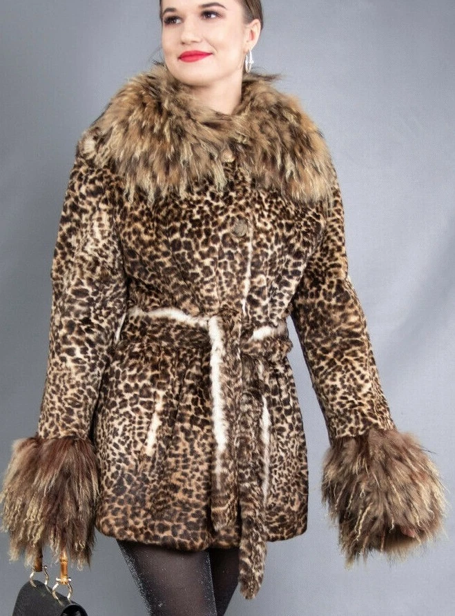447 Abrigo de piel de conejo esquilado funky genuino aspecto de leopardo gato salvaje talla M cuello de cordero Foto 1 de 4