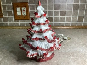 White Ceramic Christmas Tree 9” Light Up Tabletop With Red Ribbon Look - Picture 1 of 6