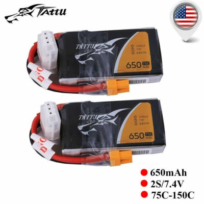 2x Tattu 650mAh 2S 75C 7.4V Lipo RC Remote Control Battery Pack With XT30 Plug - Image 1 of 4