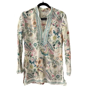 Malvin I Love Leinen Blumen Paisley V-Ausschnitt Langarm Tunika Bluse Top Gr. M - Bild 1 von 9