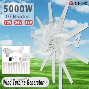 Kit Generatore Turbina Eolica 5000W 10 Pale Mulino a Vento 12/24/48V Caricabatterie Regolatore - Foto 1 di 17