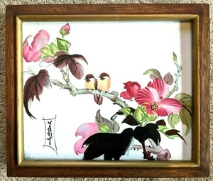 Gemälde Vögel im Obstbaum orientalisch rosa original asiatischer Look Blüten gerahmt - Bild 1 von 10