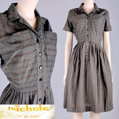 Vestido de día vintage de algodón texturizado a rayas Michele Miami de los años 40 50 Foto 1 de 4