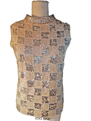 Vintage circa 60's sequined mock turtleneck grey and white checkered party top. - Image 1 of 4
