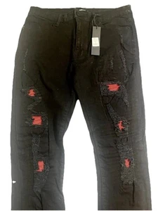 Nova Men’s Street Repaired Stacked Skinny Jeans FNMH1139 Black Sz. 34 - Picture 1 of 8
