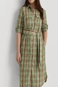 Vestido camisero Ralph Lauren para mujer talla 10 verde a cuadros manga larga algodón con cinturón nuevo con etiquetas - Imagen 1 de 3