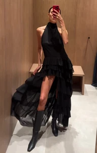 Zara Halter Ruffle Train Long Asymmetric Dress Black Size XS Small 3697/097 New - Picture 1 of 24
