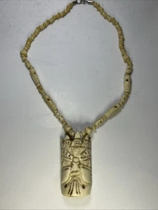 Antique Chinese Hand Carved Warrior Mask Pendant Beaded 21.5" Necklace - Picture 1 of 9